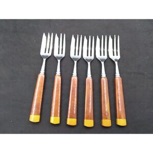 Vtg. Set 6 Art Deco MCM CHROM Resin? Faux Wood Lucite? Handle 6" Unique Forks
